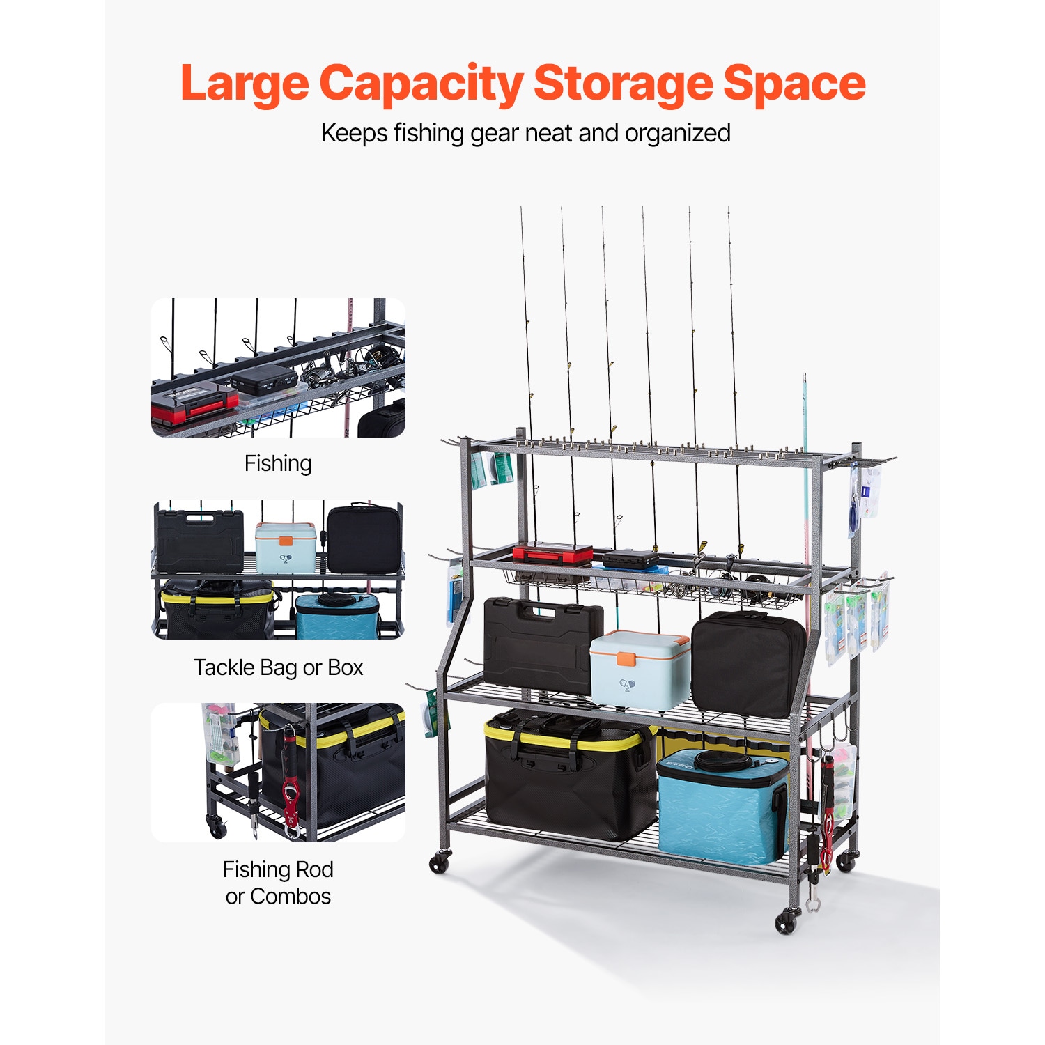 15 Pole Fishing Rod Holder Fishing Rack Cart Organizer With Wheels For Garage_maomaolike.com